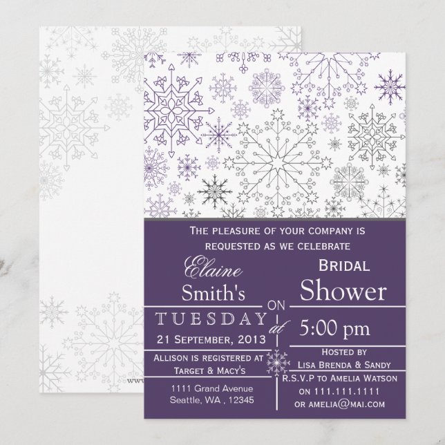 Snowflakes Purple Gray Winter Bridal shower Invite (Front/Back)