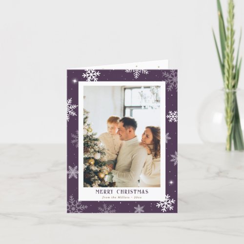 Snowflakes Purple Photo Merry Christmas Holiday Card