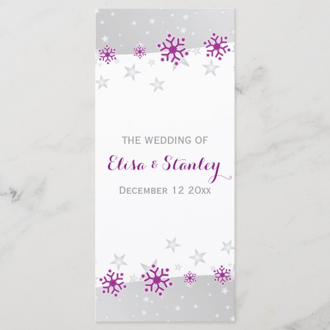 Snowflakes purple & stars grey wedding program (Front)