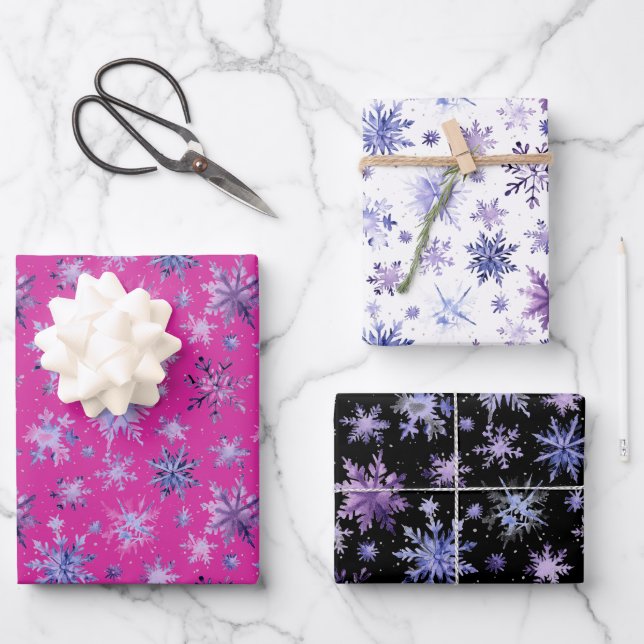 Snowflakes purple wrapping paper sheets (Front)