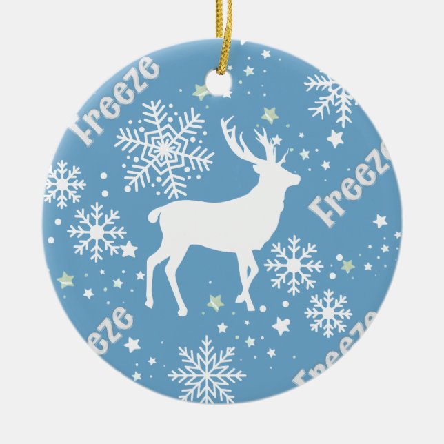 Snowflakes raindeer blue ceramic ornament (Front)