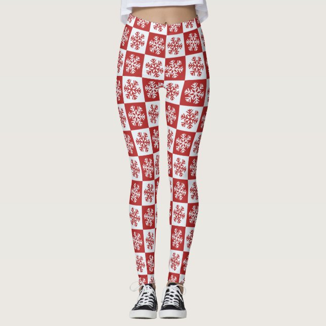 Snowflakes Red and White Christmas Leggings (Front)
