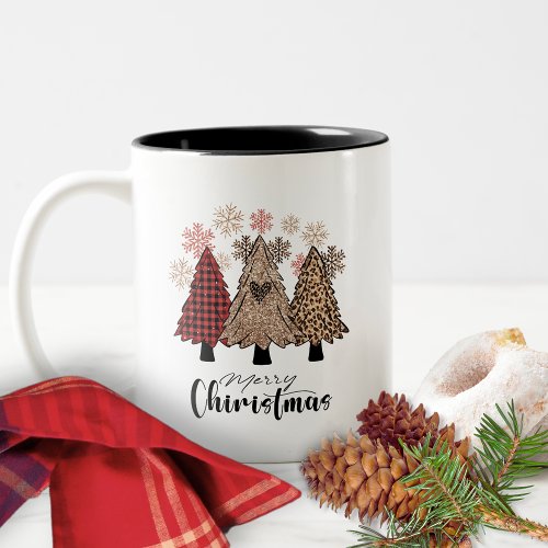 Snowflakes Red Buffalo Plaid Boho Christmas Tree Two_Tone Coffee Mug