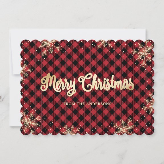 Snowflakes Red Buffalo Plaid Gold Christmas Card