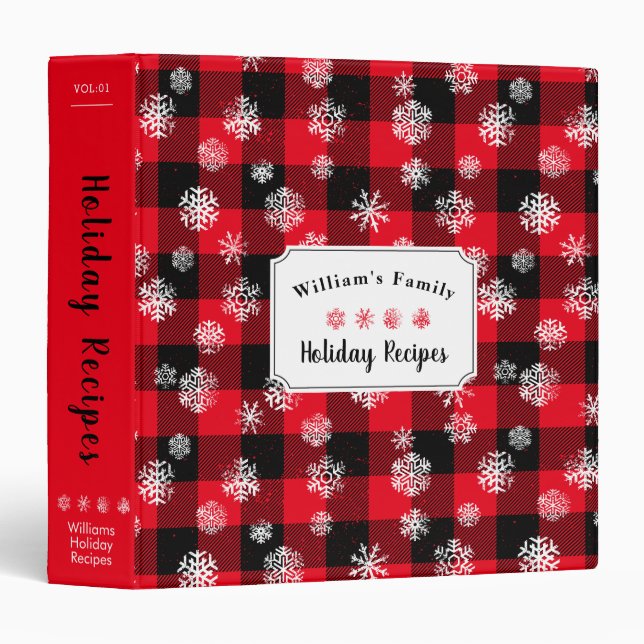 Snowflakes Red Buffalo Plaid l Christmas Recipe 3 Ring Binder (Front/Spine)