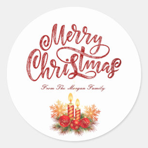 Snowflakes Red Christmas Candles Merry Christmas Classic Round Sticker