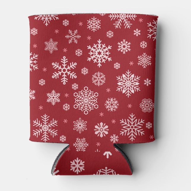 Snowflakes, red decor, Christmas pattern. Can Cooler (Front)