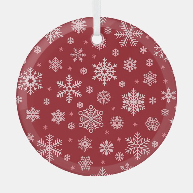 Snowflakes, red decor, Christmas pattern. Glass Ornament (Front)