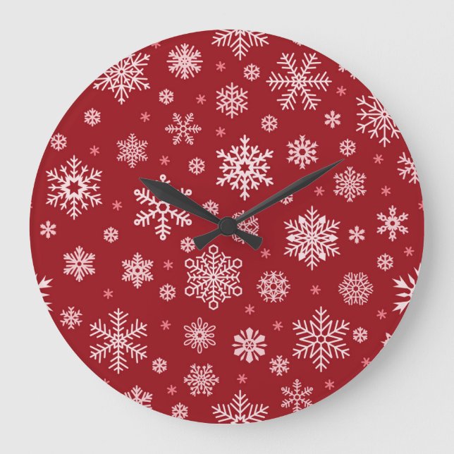Snowflakes, red decor, Christmas pattern. Large Clock (Front)