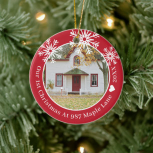 Snowflakes Red First Christmas In New Home Photo Ceramic Ornament