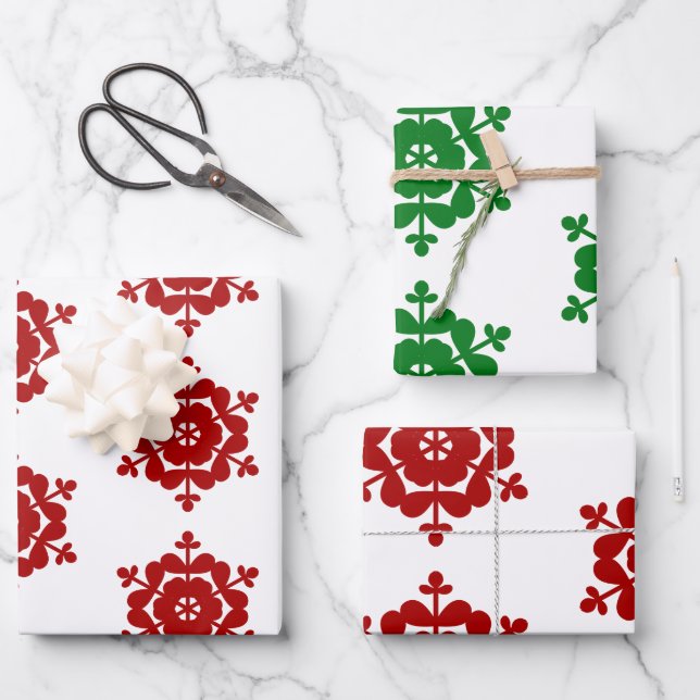 Snowflakes Red Green White Wrapping Paper Sheets (Front)