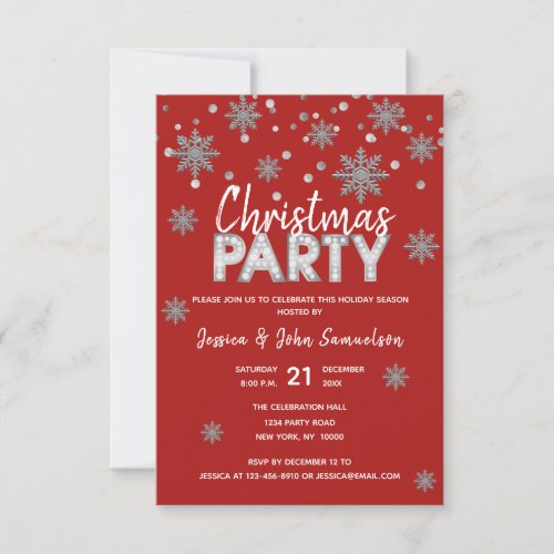 Snowflakes RED Silver Holiday CHRISTMAS PARTY Invitation