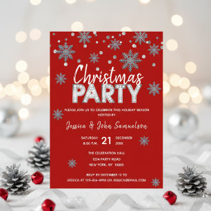 Snowflakes RED Silver Holiday CHRISTMAS PARTY Invitation