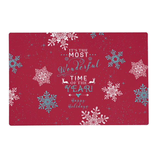 Snowflakes Red Turquoise Christmas Wonderful Time Placemat (Front)