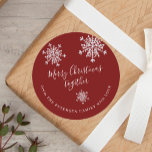 Snowflakes red white Christmas holiday Classic Round Sticker<br><div class="desc">Snowflake modern rustic elegant Merry Christmas personalized red gift wrap round sticker.</div>