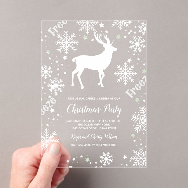Snowflakes reindeer clear Christmas party  Acrylic Invitations (Insitu (Handheld))