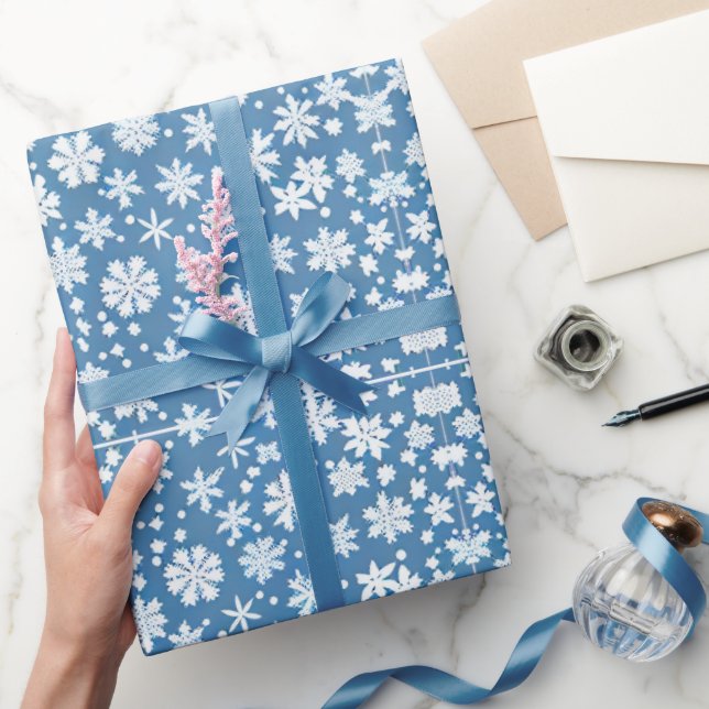 Snowflakes repeating pattern white blue  wrapping paper (Gifting)