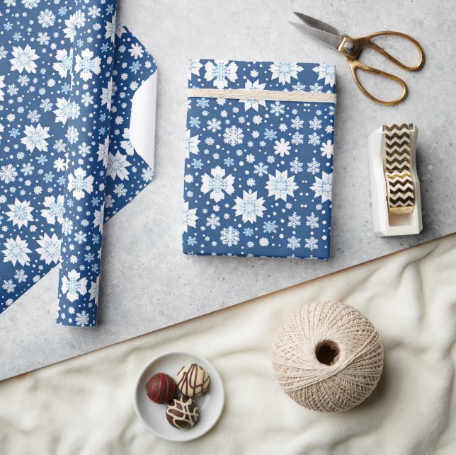 Snowflakes repeating pattern white blue  wrapping paper (Crafts)