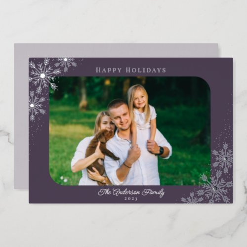 Snowflakes Rounded Corner Photo Christmas Silver Foil Holiday Card