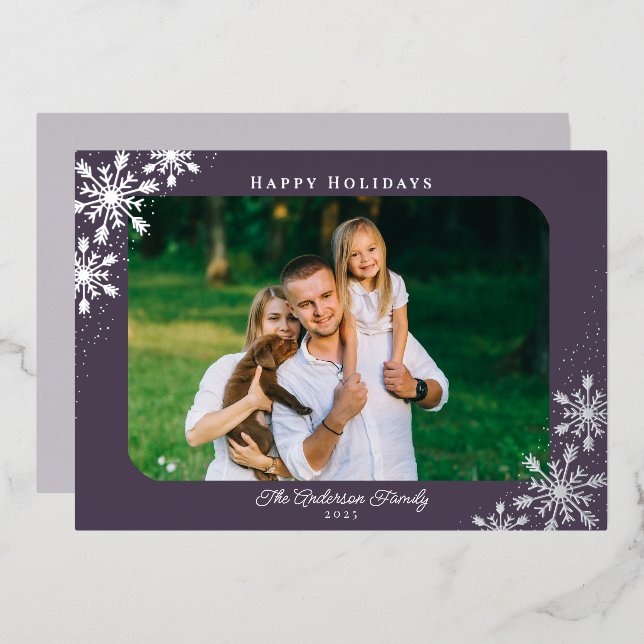 Snowflakes Rounded Corner Photo Christmas Silver Foil Holiday Card (Front/Back)