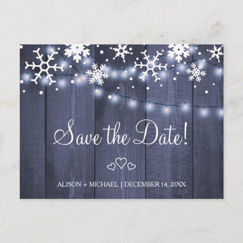 Snowflakes rustic hanging lights wedding save date announcement postcard