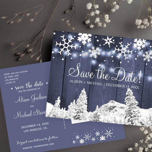 Snowflakes rustic hanging lights wedding save date announcement postcard