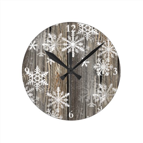 Snowflakes Rustic Wood Clock