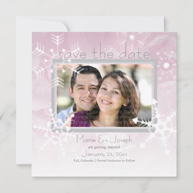 Snowflakes Save the Date: Winter Pink Date (Front)