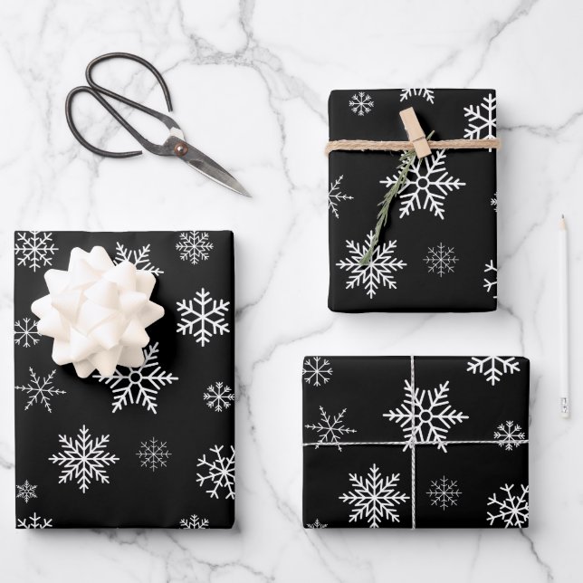 Snowflakes Seamless Pattern Black Christmas Wrapping Paper Sheets (Front)