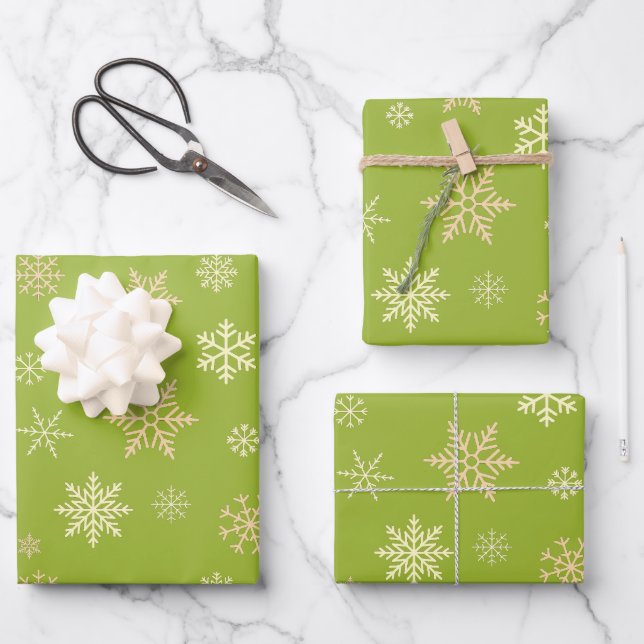 Snowflakes Seamless Pattern Green Christmas Wrapping Paper Sheets (Front)