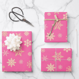 Snowflakes Seamless Pattern Hot Pink Christmas Wrapping Paper Sheets