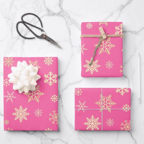 Snowflakes Seamless Pattern Hot Pink Christmas Wrapping Paper Sheets
