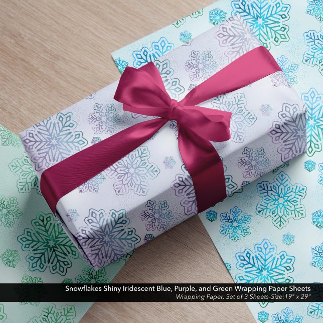 Snowflakes Shiny Iridescent Blue, Purple, Green Wrapping Paper Sheets (Snowflakes Shiny Iridescent Blue, Purple, Green Wrapping Paper Sheets-Variety Pack)