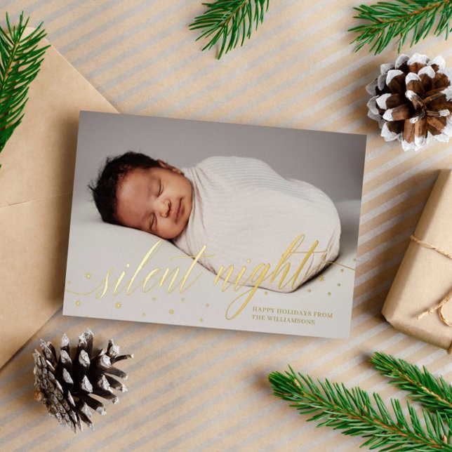 Snowflakes Silent Night Happy Holidays Baby Photo Foil Holiday Card (Creator Uploaded)