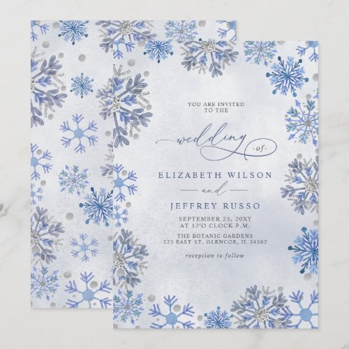 Snowflakes Silver Blue Christmas Winter Wedding Invitation