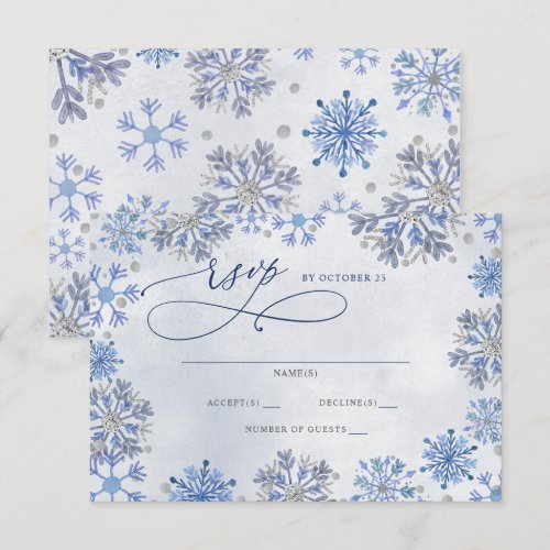 Snowflakes Silver Blue Christmas Winter Wedding  RSVP Card