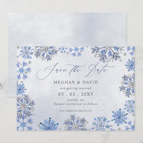 Snowflakes Silver Blue Christmas Winter Wedding Save The Date