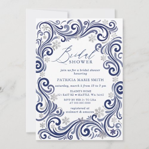 Snowflakes Silver Blue Winter Bridal Shower Invitation