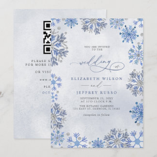Snowflakes Silver Blue Winter QR Code Wedding Invitation