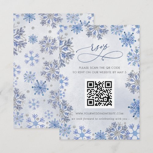 Snowflakes Silver Blue Winter Wedding QR CODE RSVP Card