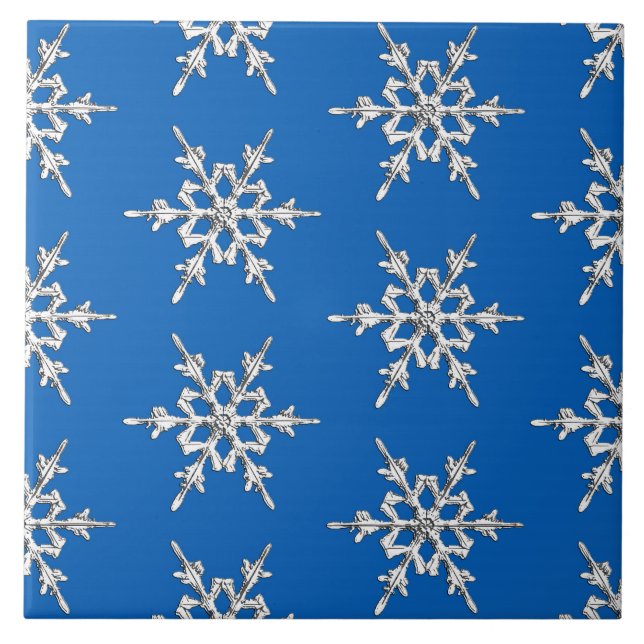 Snowflakes, silver crystals on cobalt blue ceramic tile (Front)