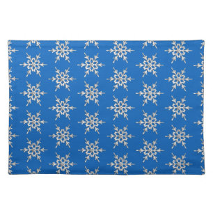 Snowflakes, silver crystals on cobalt blue cloth placemat