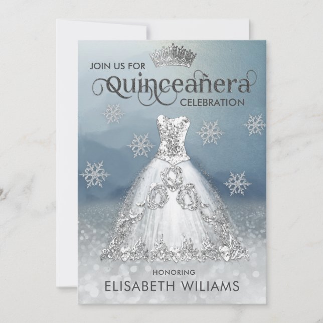Snowflakes Silver dress ombre tiara Quinceañera  Invitation (Front)