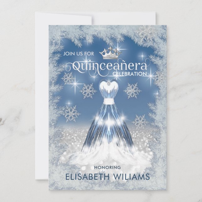Snowflakes Silver dress ombre tiara Quinceañera  Invitation (Front)
