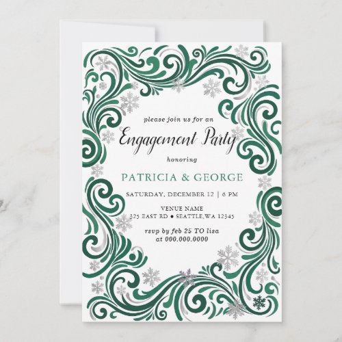 Snowflakes Silver Emerald Winter Engagement Invitation