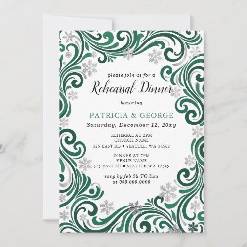 Snowflakes Silver Emerald Winter Rehearsal Dinner Invitation