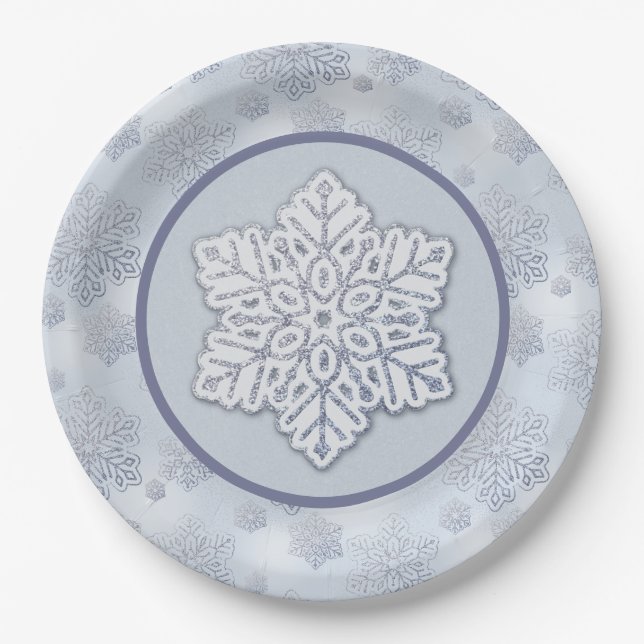 Snowflakes Silver Glitter Dusty Blue Paper Plates (Front)