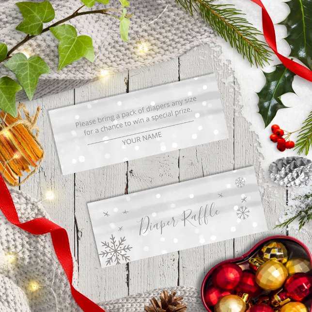 Snowflakes Silver Gray Baby Shower Diaper Raffle Mini Business Card (Creator Uploaded)