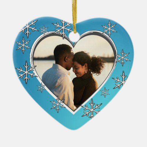 Snowflakes Silver Heart Frame in Blue Ceramic Ornament