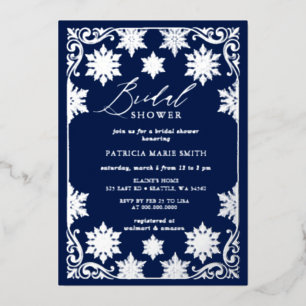 Snowflakes Silver Navy Winter Bridal Shower Foil Invitation